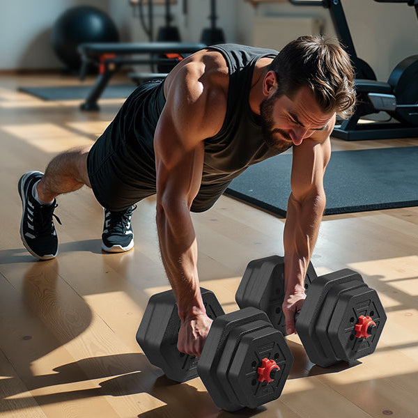 Person exercising with hexagonal dumbbells in a gym setting